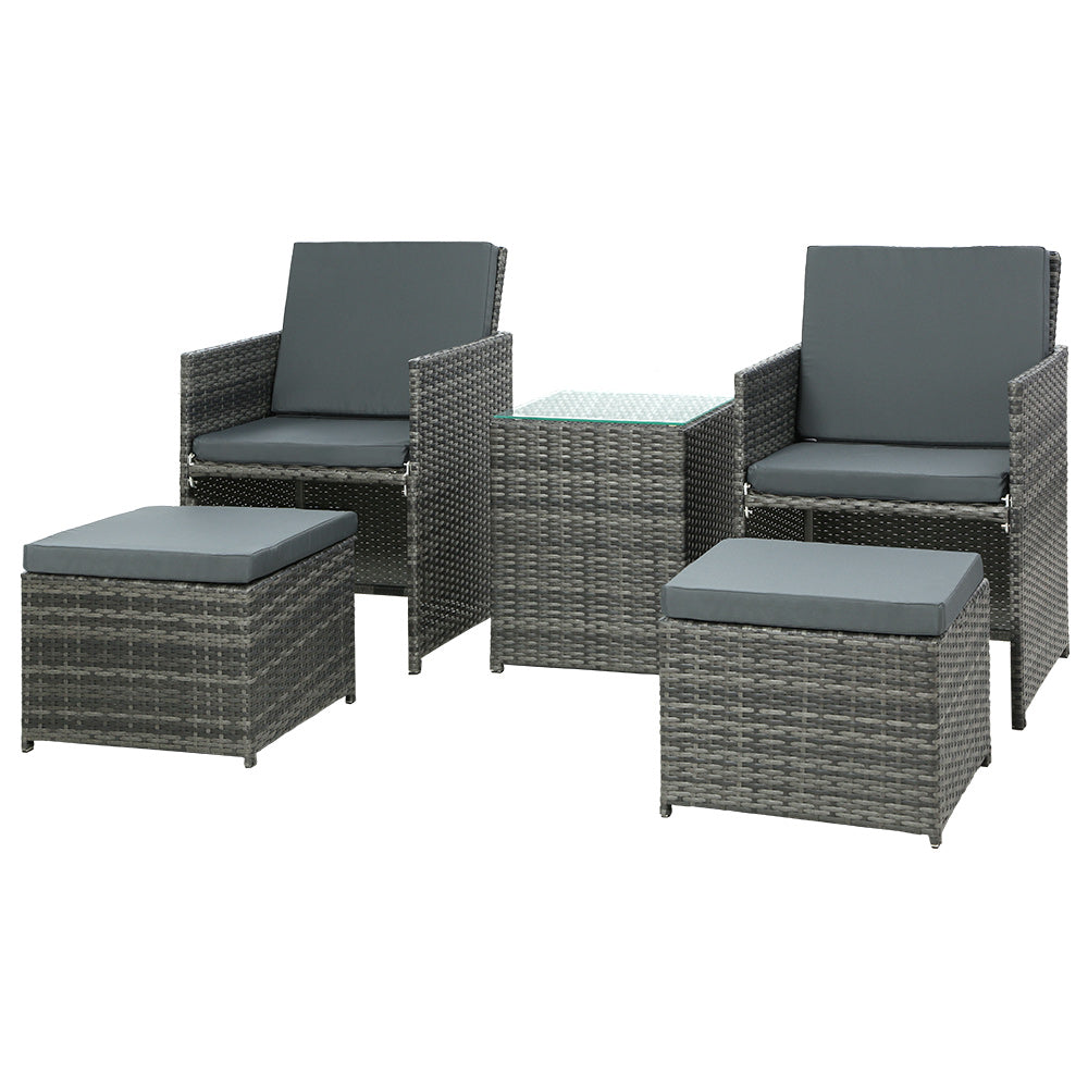 5PC Bistro Set Wicker Table and Chairs Ottoman Outdoor Grey
