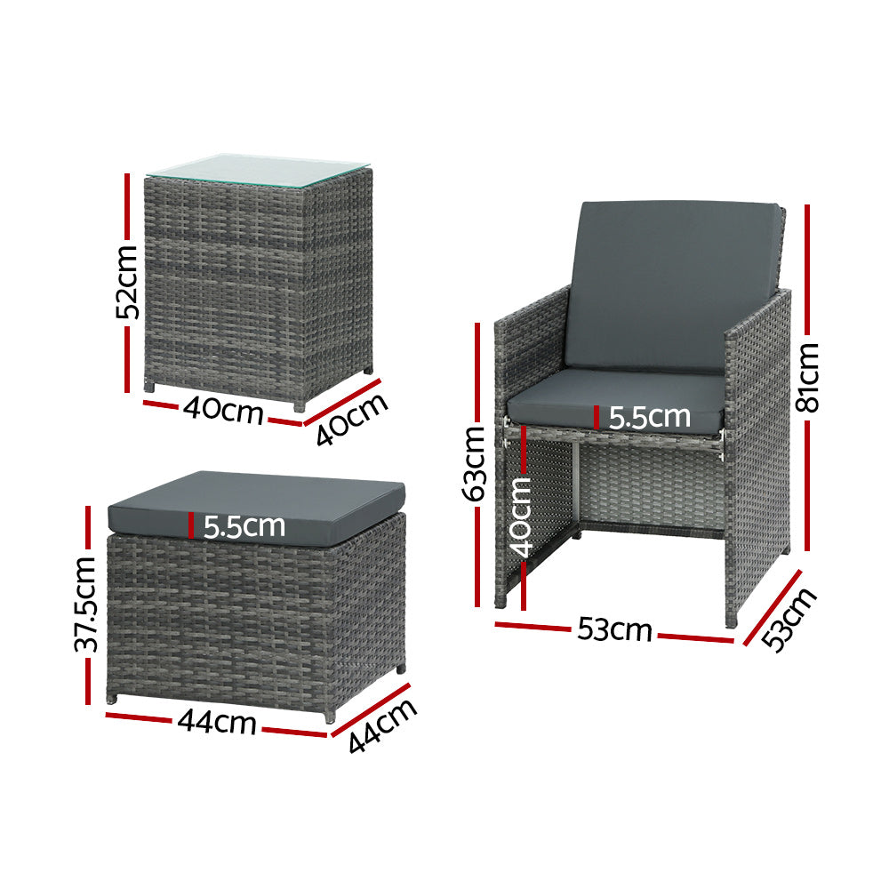 5PC Bistro Set Wicker Table and Chairs Ottoman Outdoor Grey