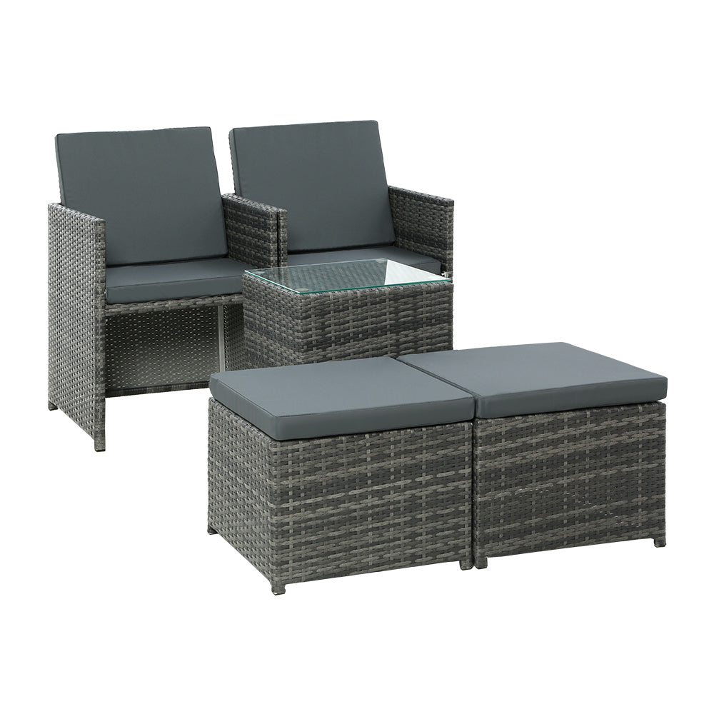 5PC Bistro Set Wicker Table and Chairs Ottoman Outdoor Grey