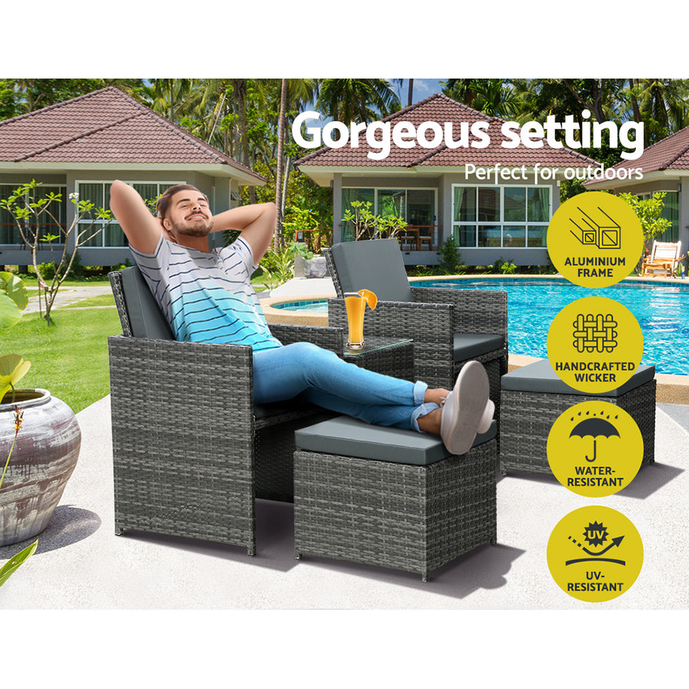 5PC Bistro Set Wicker Table and Chairs Ottoman Outdoor Grey