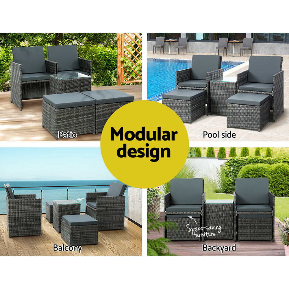 5PC Bistro Set Wicker Table and Chairs Ottoman Outdoor Grey