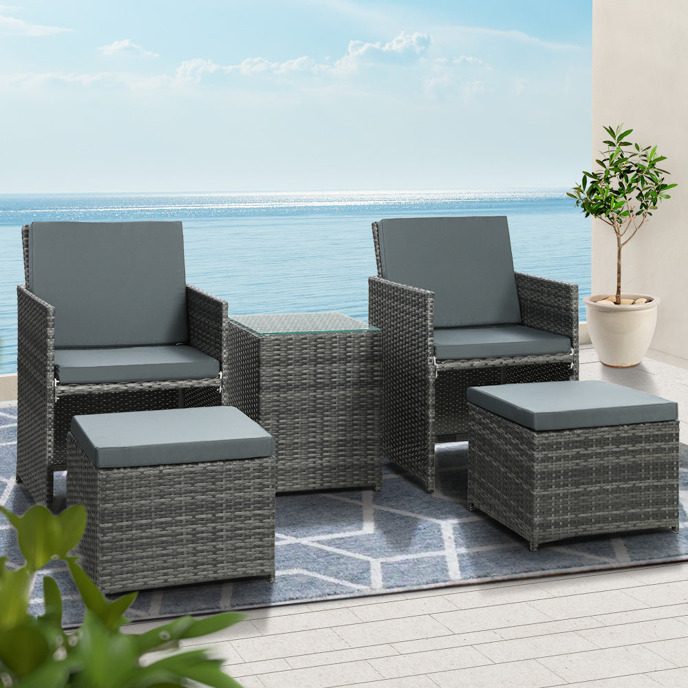 5PC Bistro Set Wicker Table and Chairs Ottoman Outdoor Grey