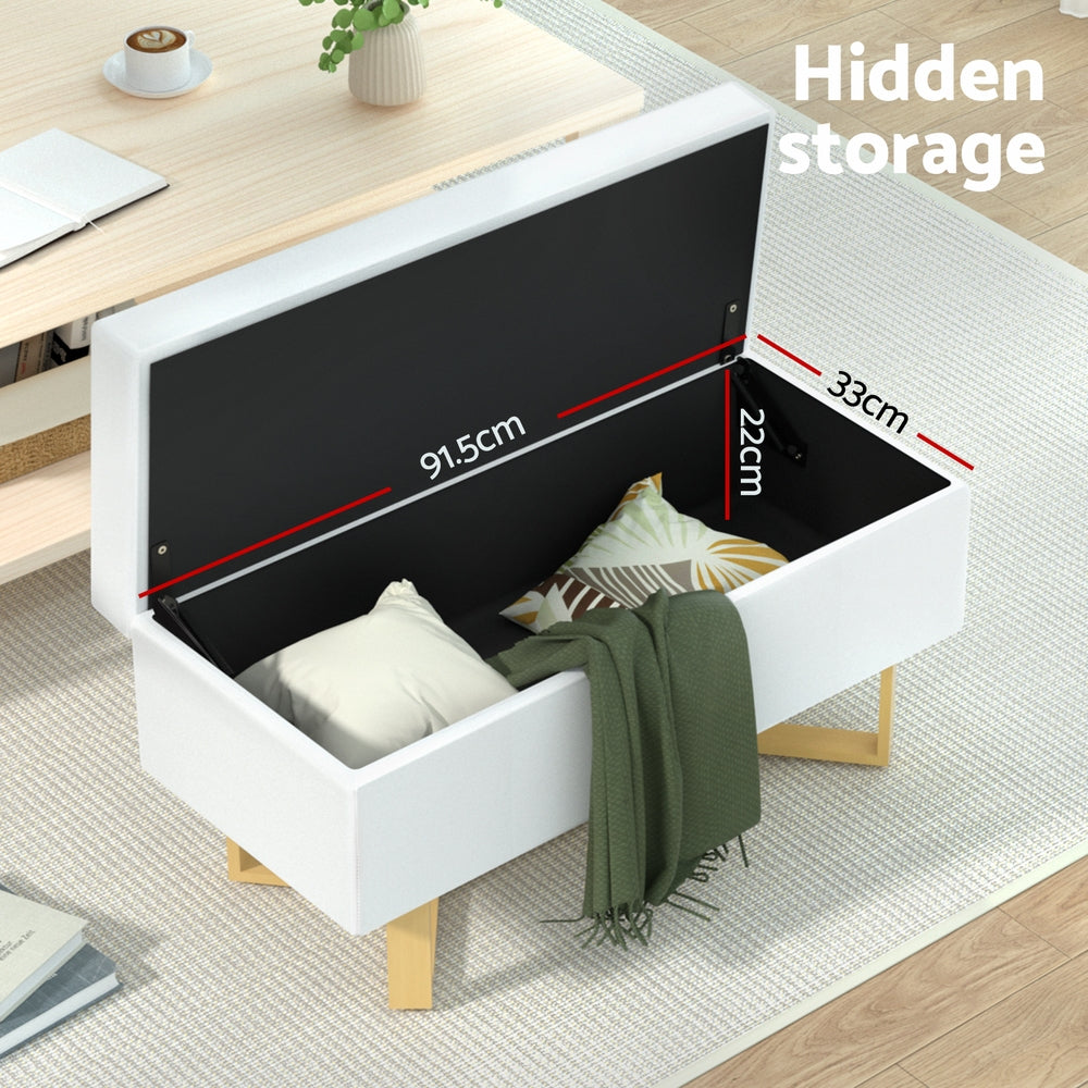 Ottoman Blanket Box Criss-cross Linen - White