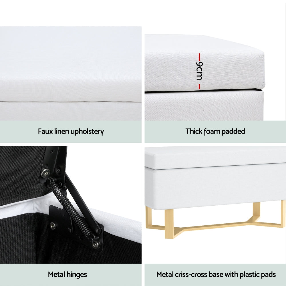 Ottoman Blanket Box Criss-cross Linen - White