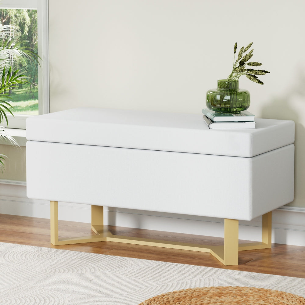 Ottoman Blanket Box Criss-cross Linen - White