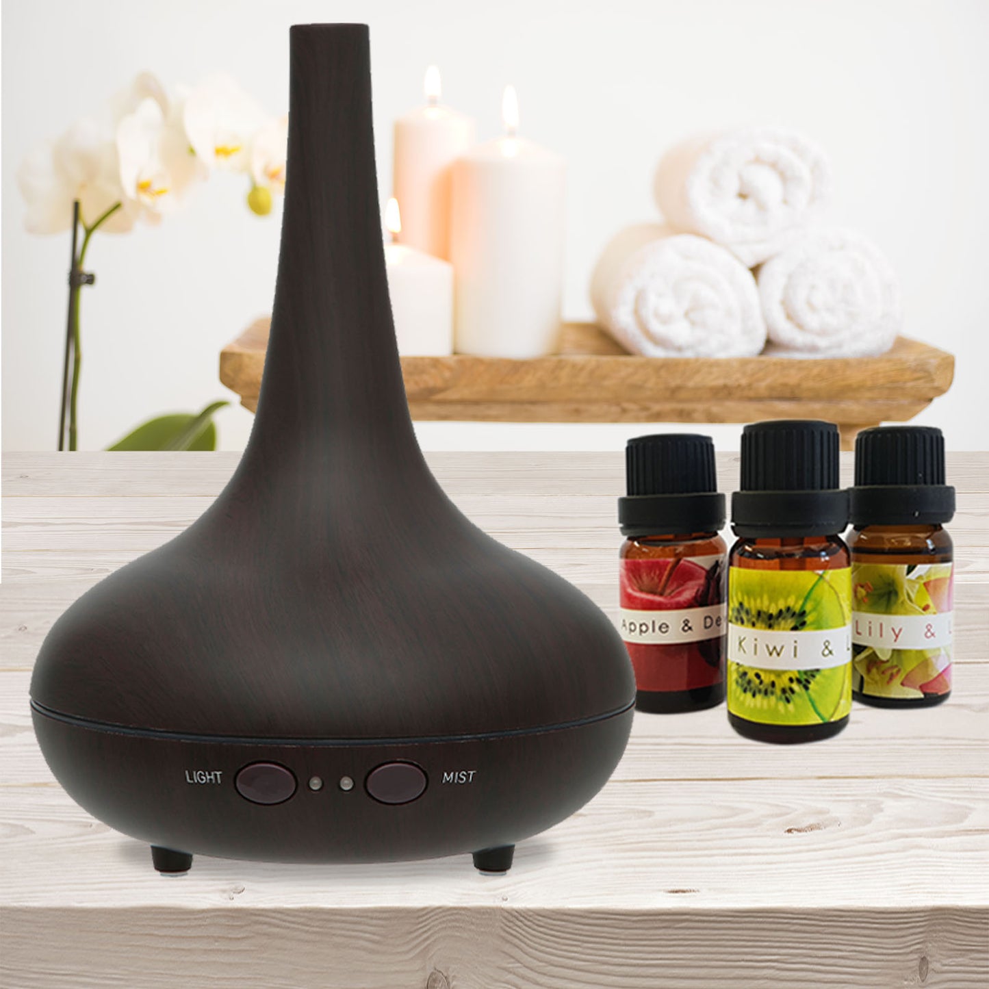 Aroma Diffuser Ultrasonic Humidifier LED Light 200ML 3 Oils - Dark Wood Grain