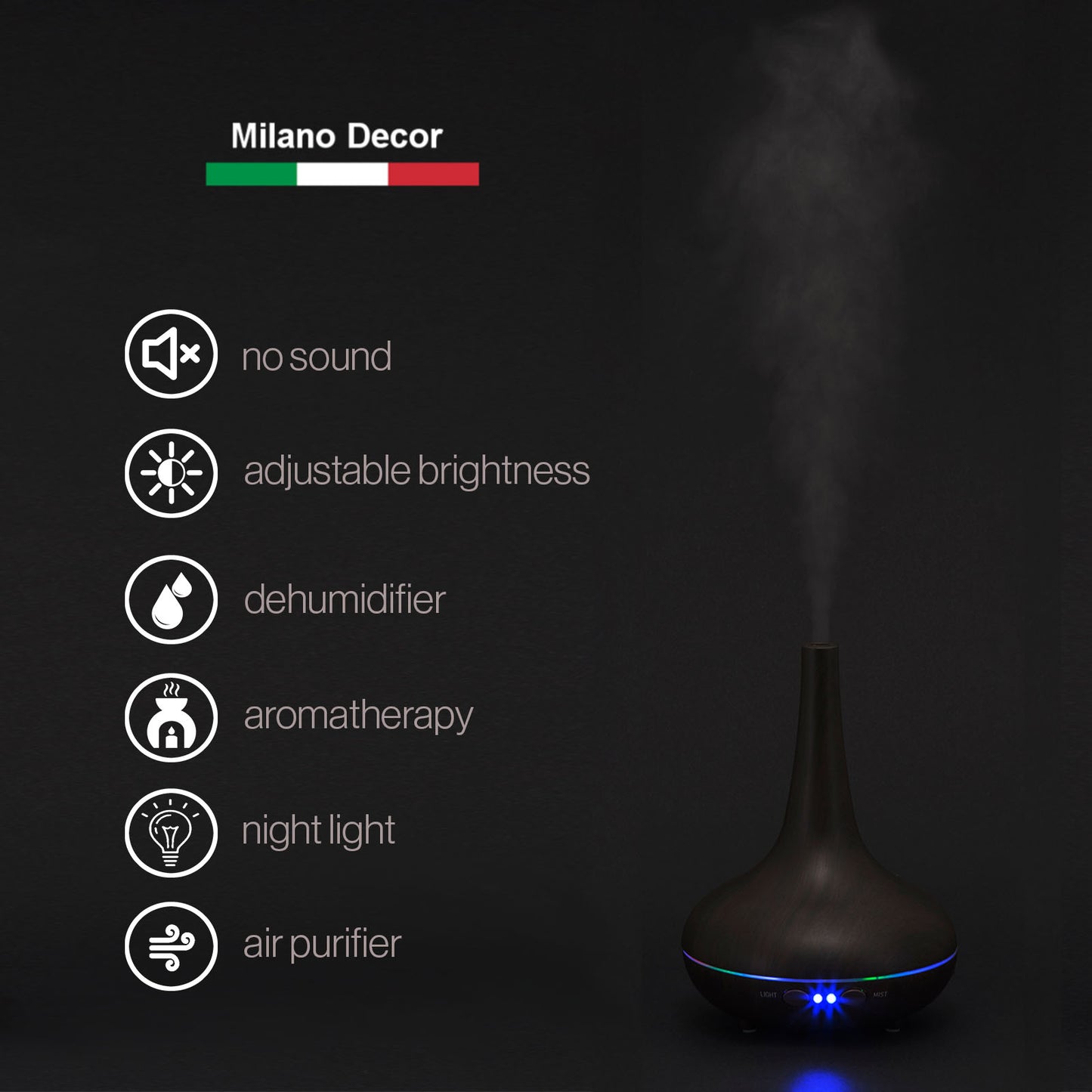 Aroma Diffuser Ultrasonic Humidifier LED Light 200ML 3 Oils - Dark Wood Grain