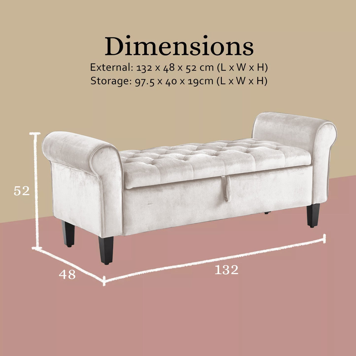 Ottoman Stool Arm Bench Seat 132cm Velvet - Beige