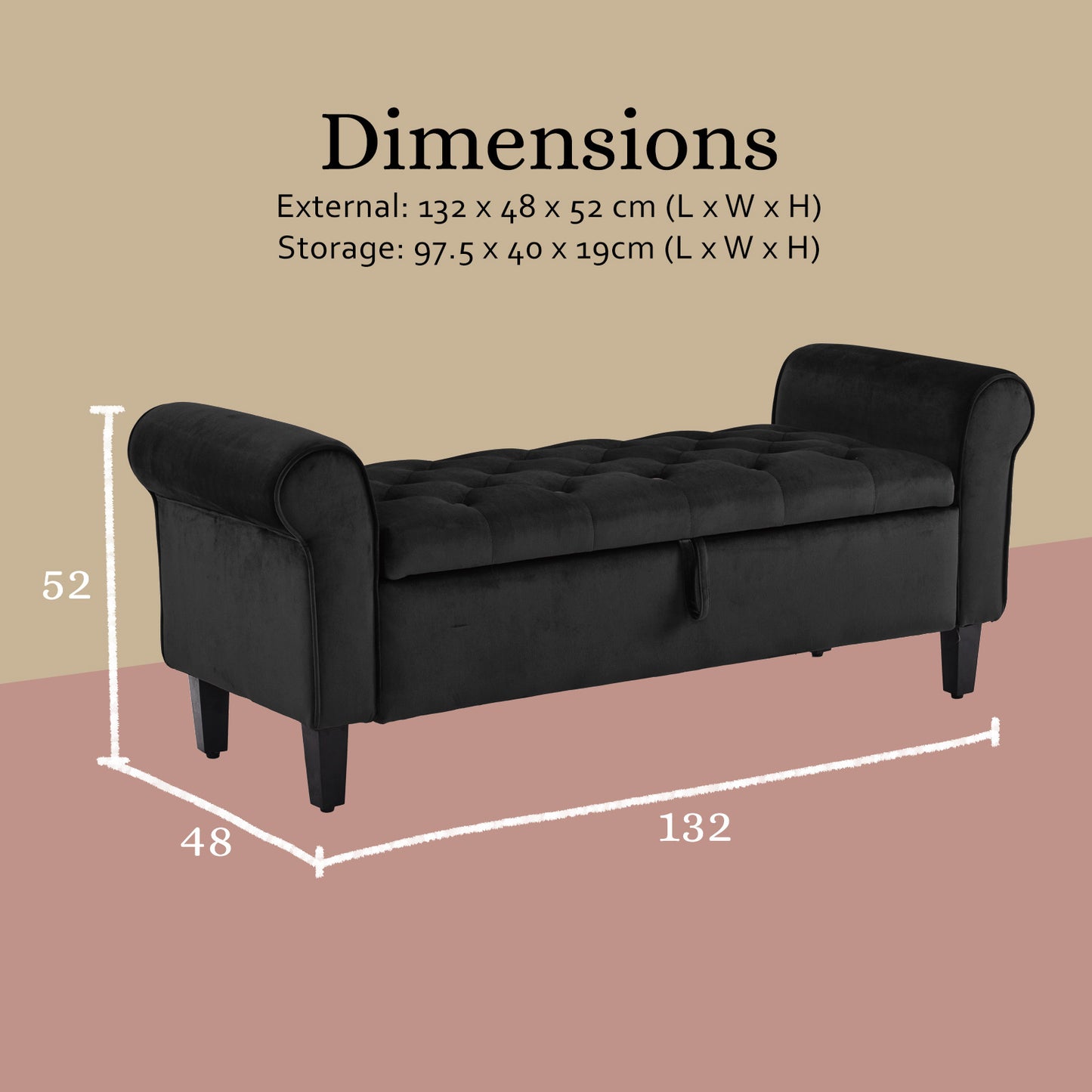 Ottoman Storage - 132cm Velvet BLACK
