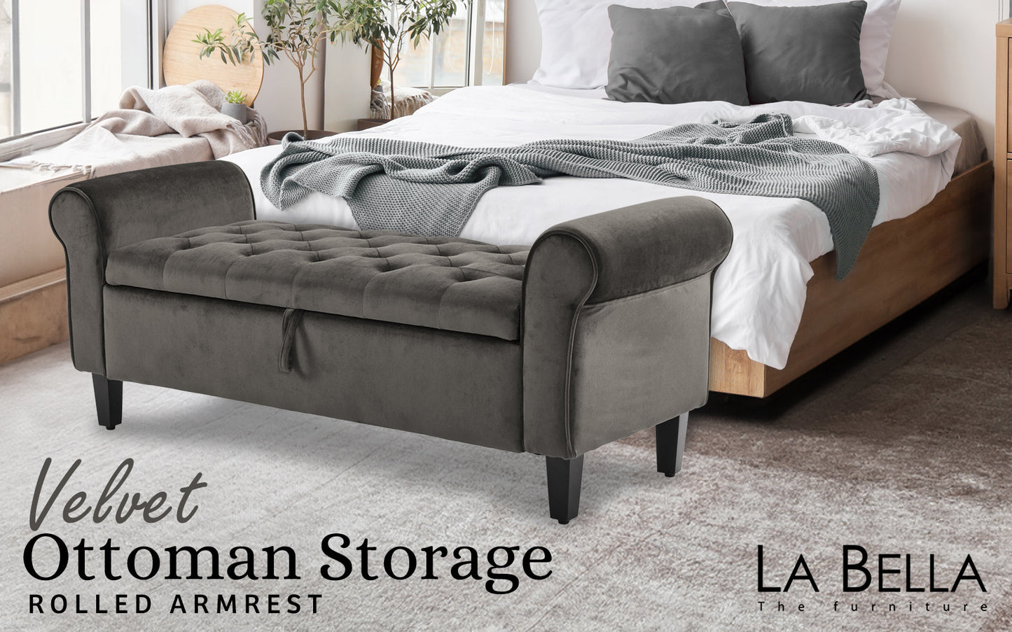 Ottoman Storage Bench Seat 132cm Velvet GREY