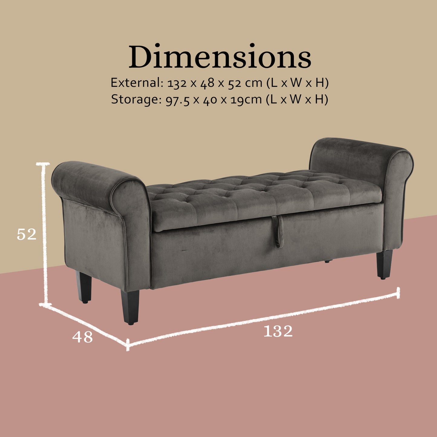 Ottoman Storage Bench Seat 132cm Velvet GREY