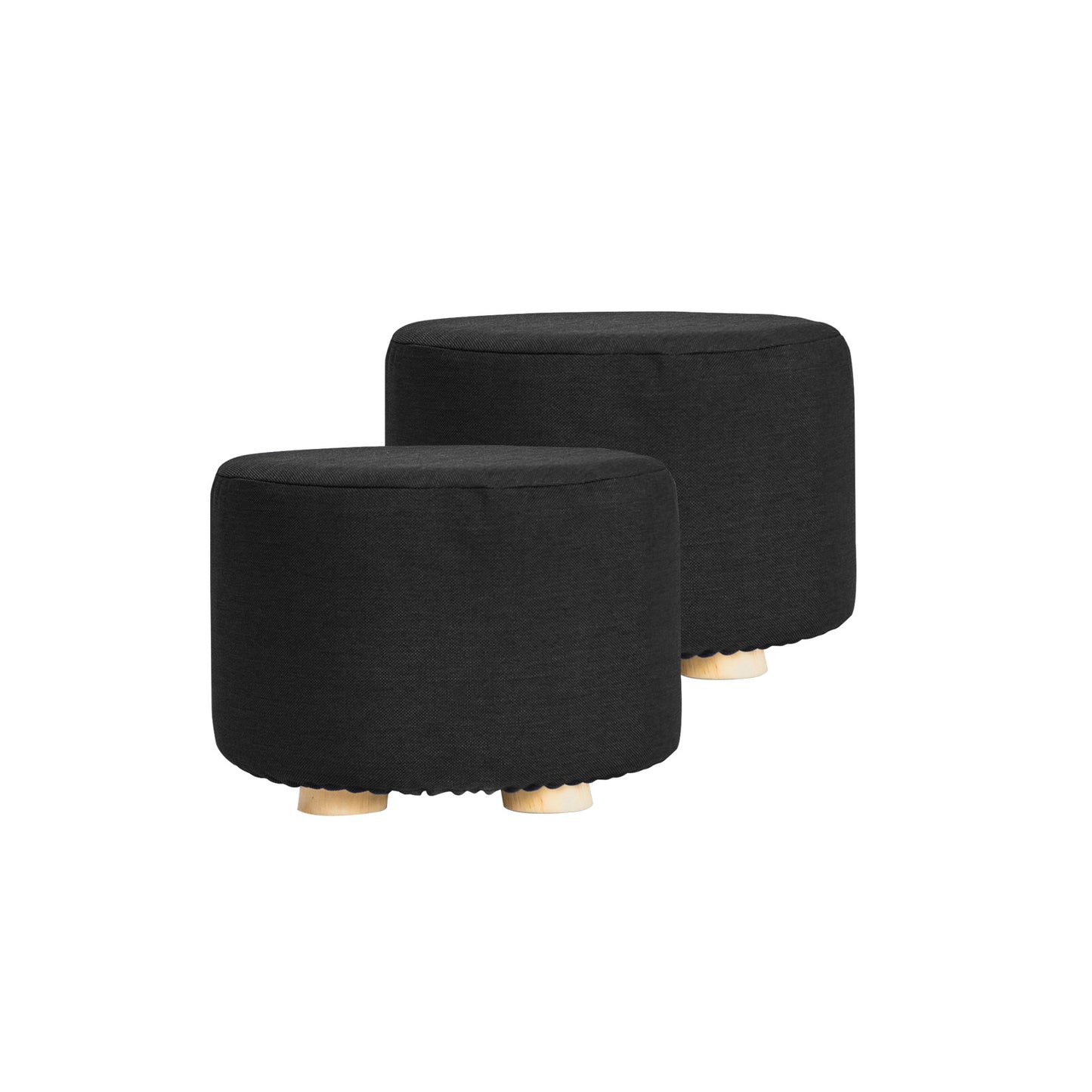 2X Fabric Foot Stools Ottoman Round Wooden Leg Foot Stool - BLACK