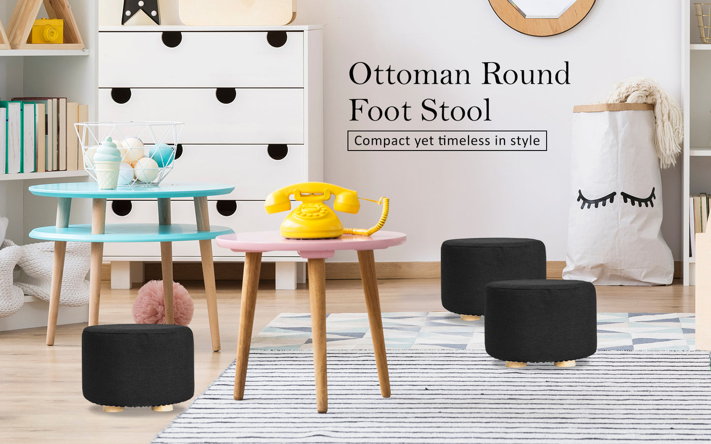 2X Fabric Foot Stools Ottoman Round Wooden Leg Foot Stool - BLACK