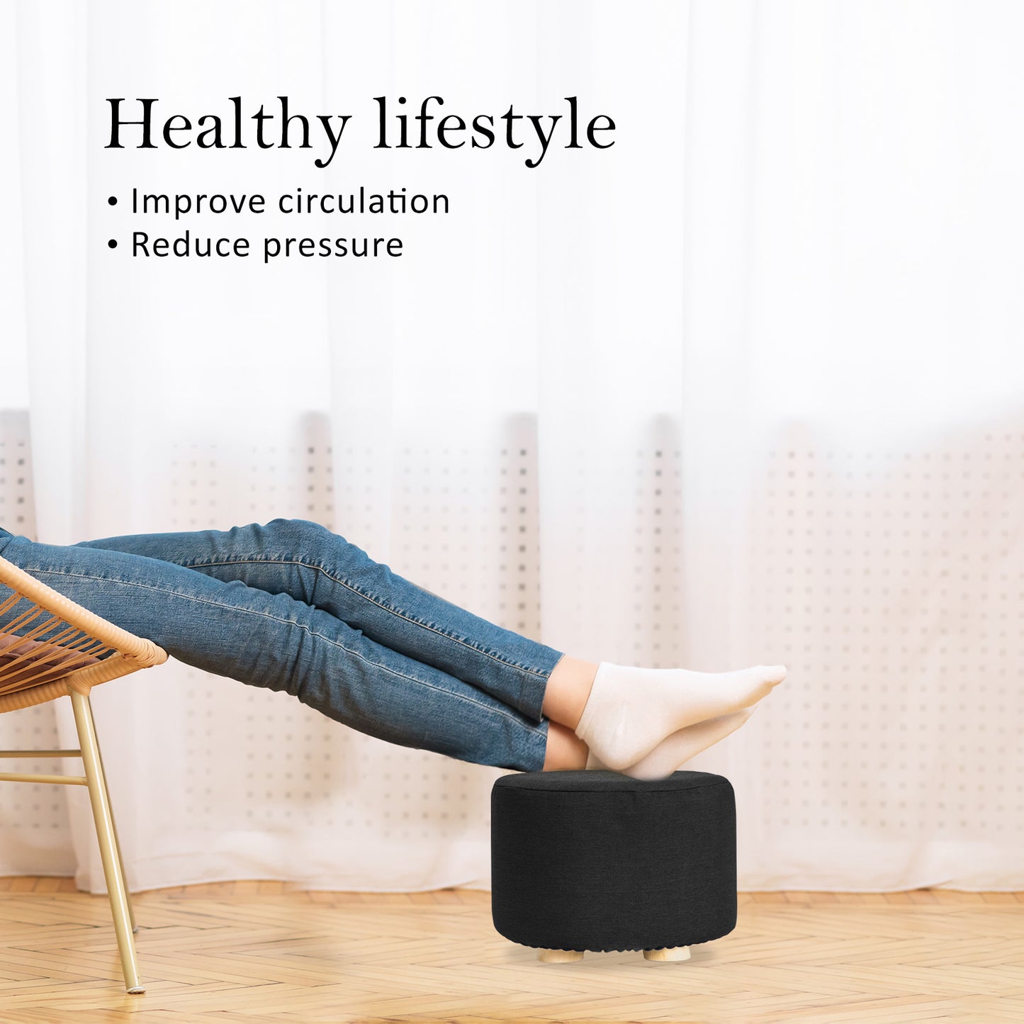 2X Fabric Foot Stools Ottoman Round Wooden Leg Foot Stool - BLACK