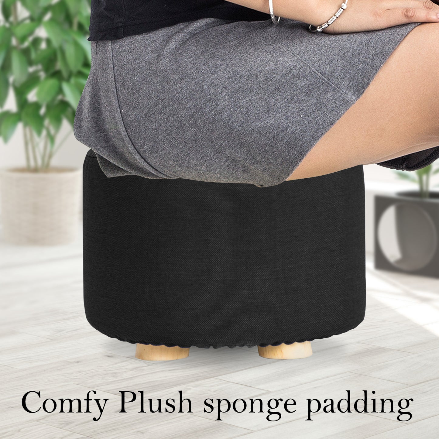 2X Fabric Foot Stools Ottoman Round Wooden Leg Foot Stool - BLACK
