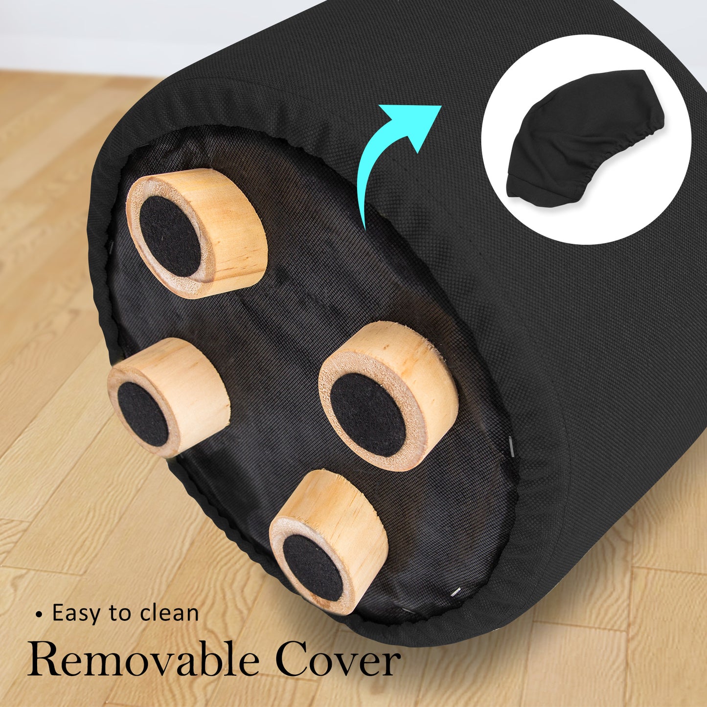2X Fabric Foot Stools Ottoman Round Wooden Leg Foot Stool - BLACK