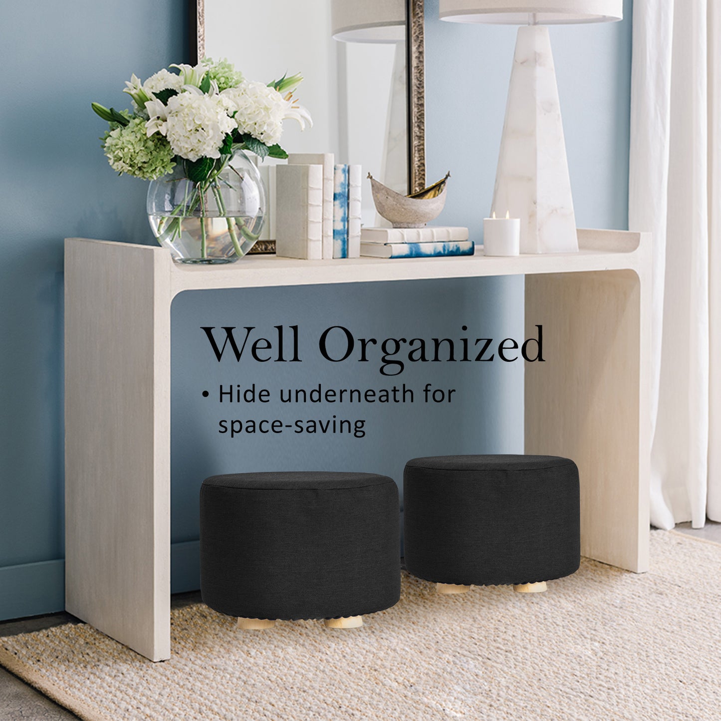 2X Fabric Foot Stools Ottoman Round Wooden Leg Foot Stool - BLACK