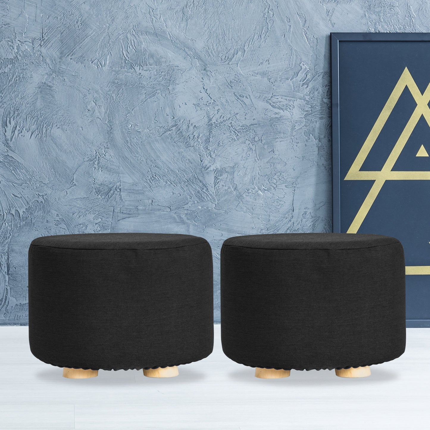 2X Fabric Foot Stools Ottoman Round Wooden Leg Foot Stool - BLACK
