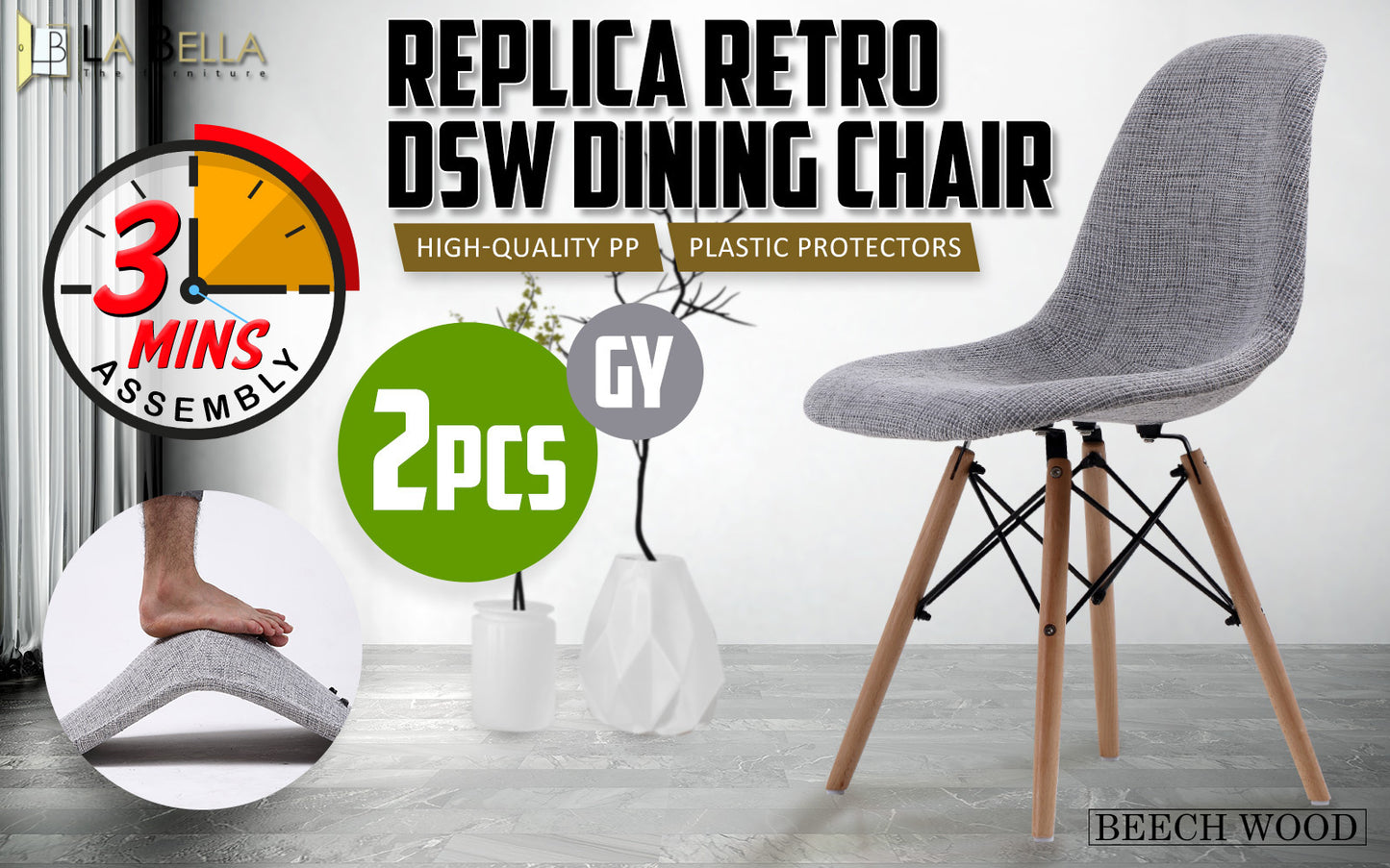 Dining Chairx 2 Grey Fabric