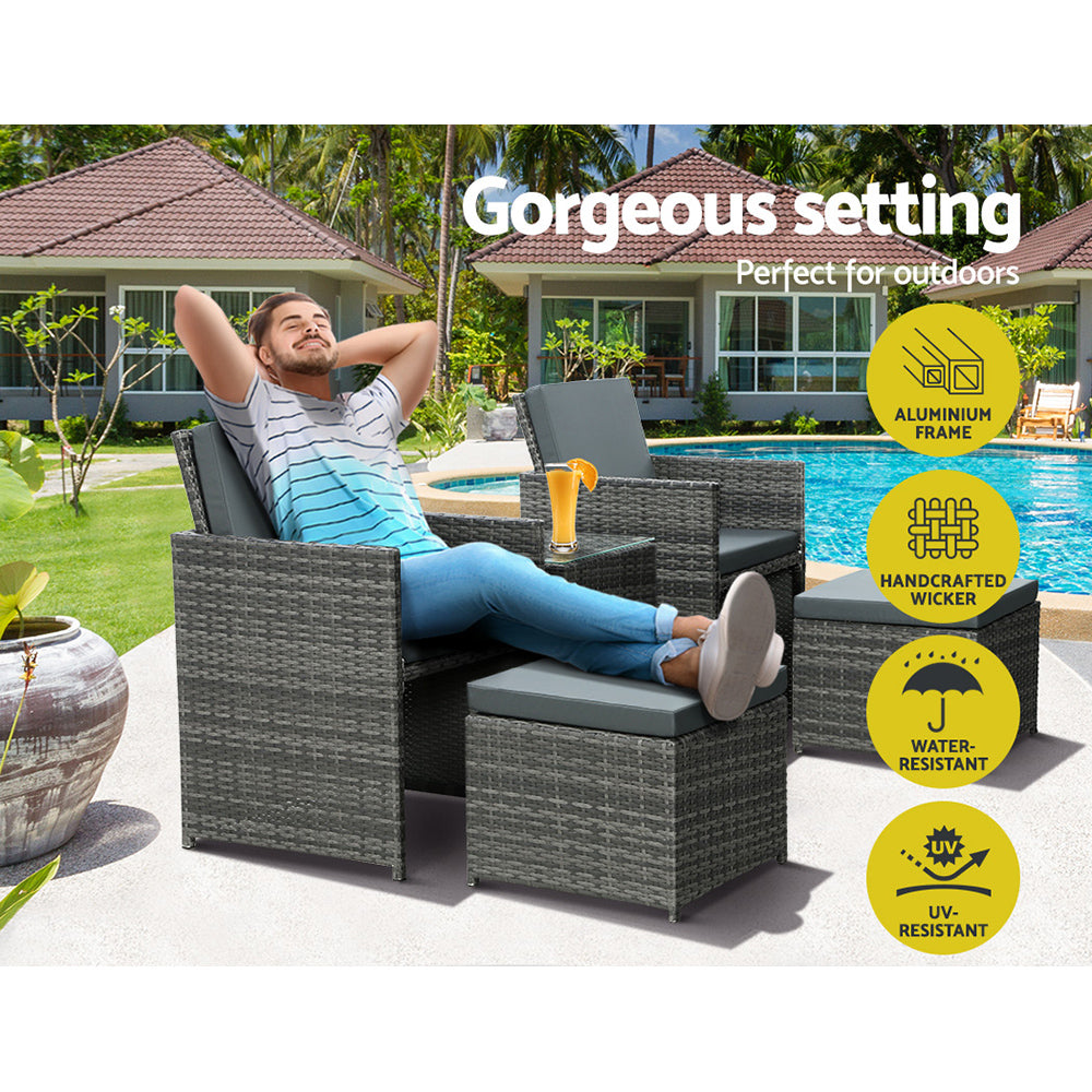 5PC Bistro Set Wicker Table and Chairs Ottoman Outdoor  Grey