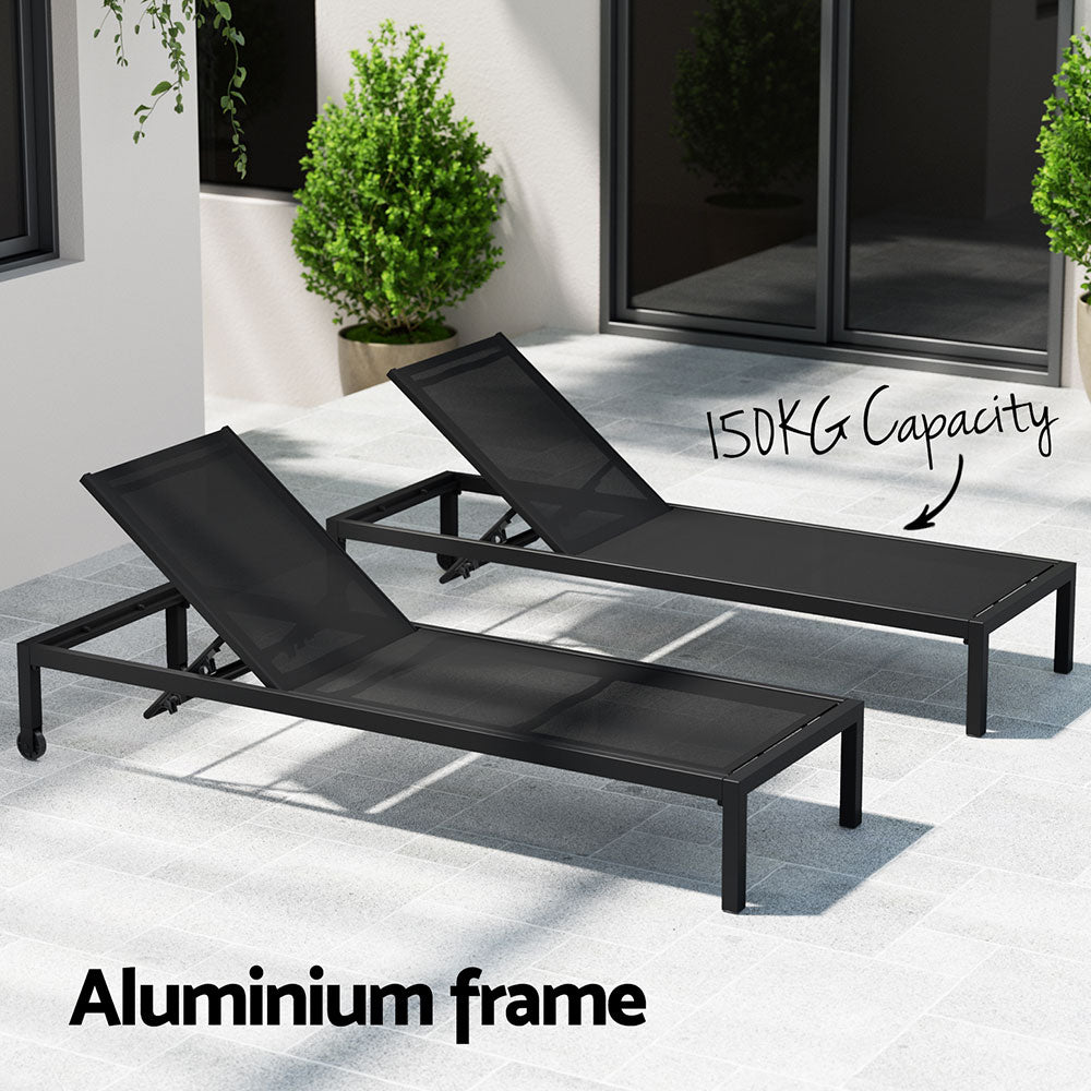 Sun Lounger Outdoor Aluminium Folding with Wheels - Black