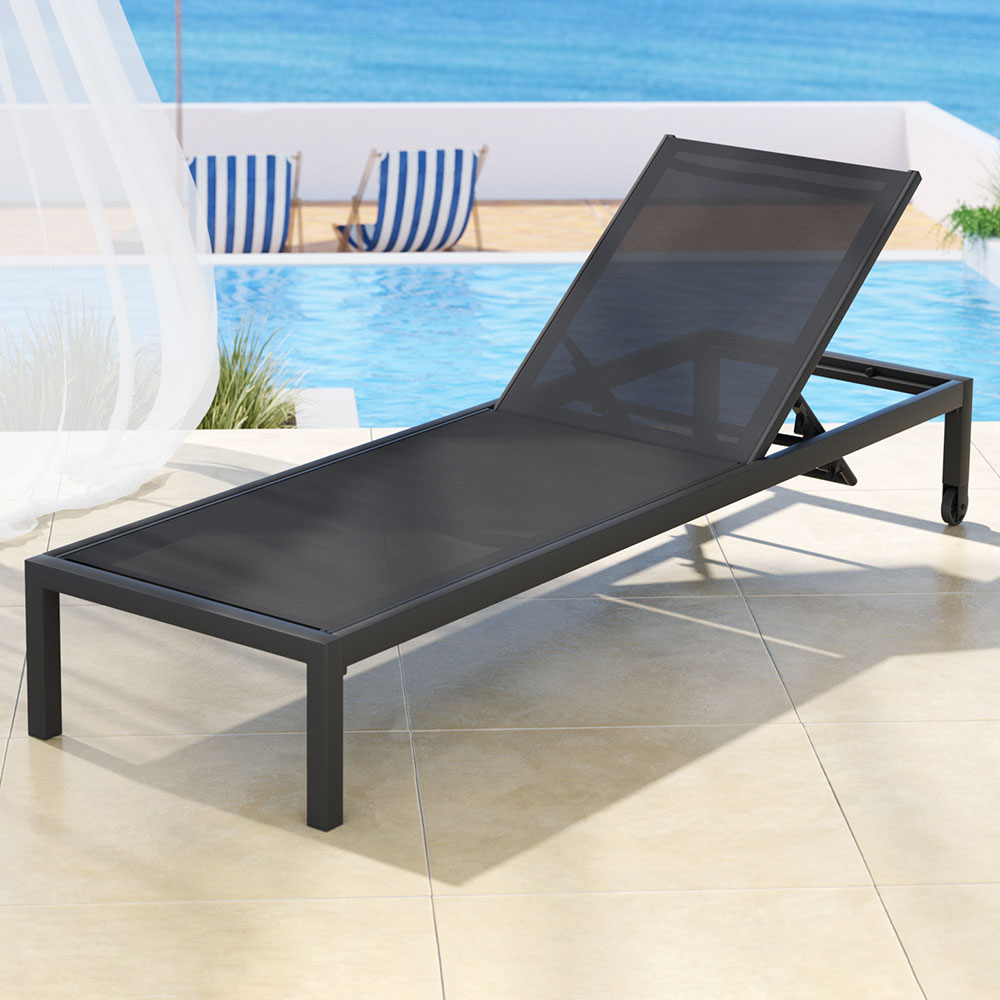 Sun Lounger Outdoor Aluminium Folding with Wheels - Black