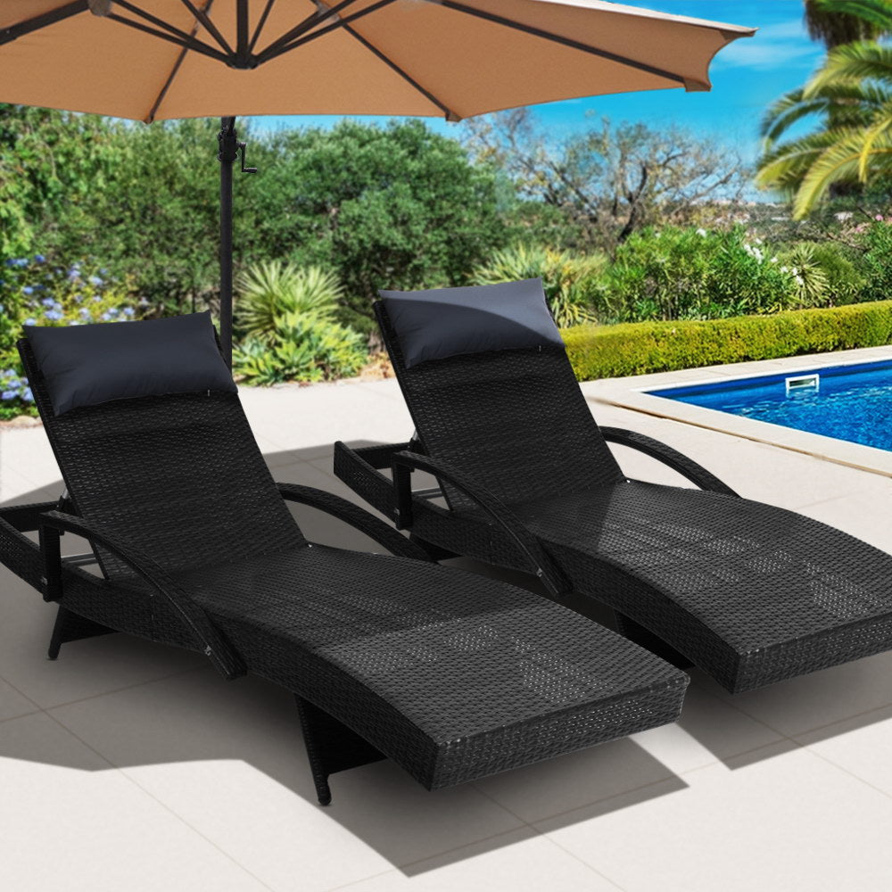 Sun Lounger x 2 Wicker Adjustable Black