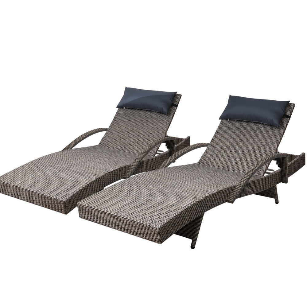 Sun Loungers x 2 Wicker Adjustable  - Grey & Beige