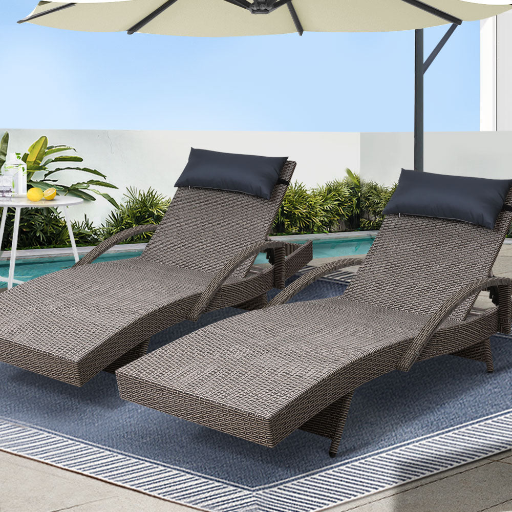 Sun Loungers x 2 Wicker Adjustable  - Grey & Beige