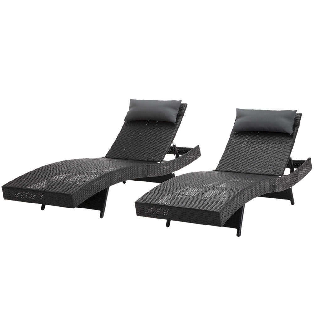 2PC Sun Lounge Wicker Lounger - Black