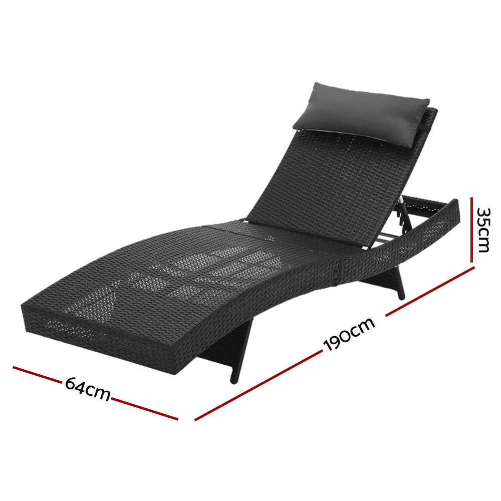 2PC Sun Lounge Wicker Lounger - Black