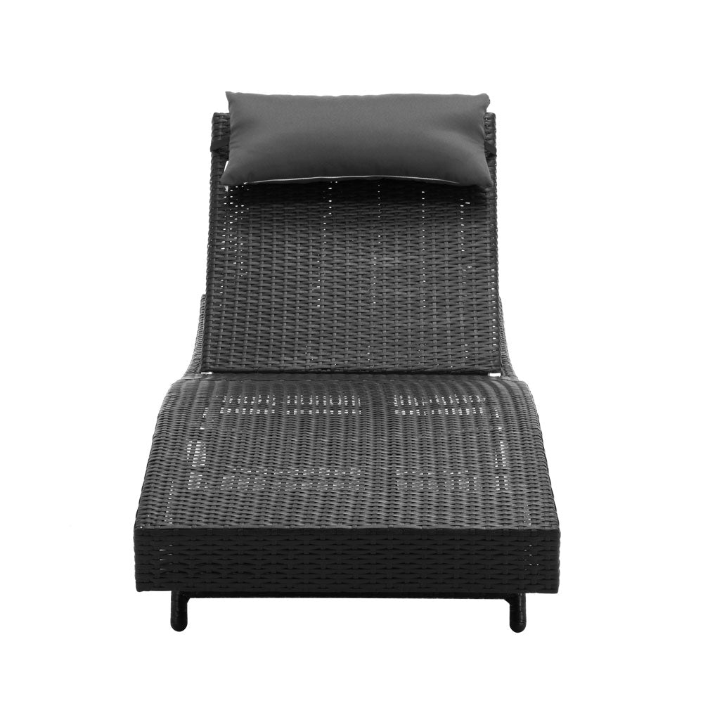 2PC Sun Lounge Wicker Lounger - Black