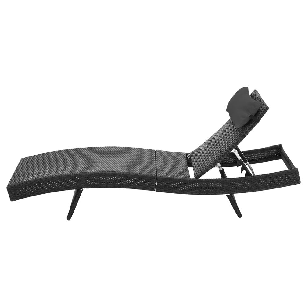 2PC Sun Lounge Wicker Lounger - Black