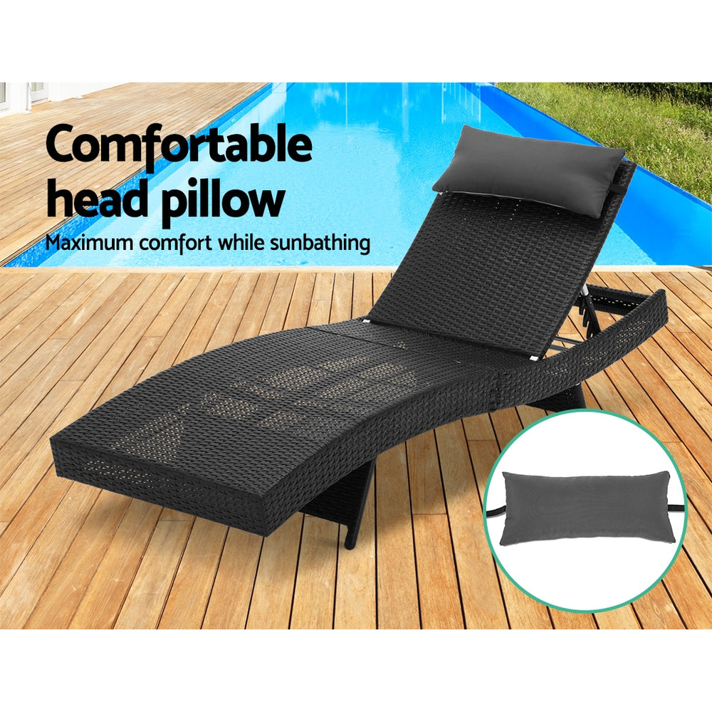 2PC Sun Lounge Wicker Lounger - Black