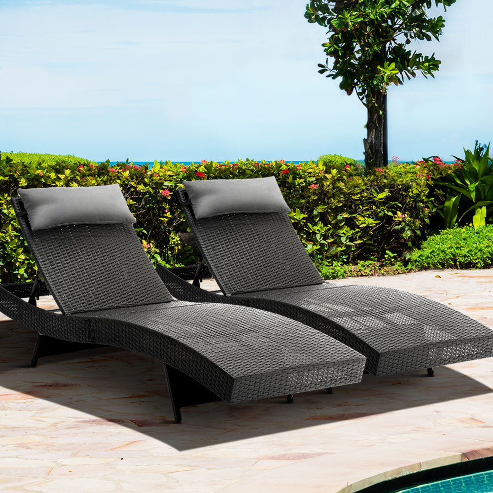 2PC Sun Lounge Wicker Lounger - Black