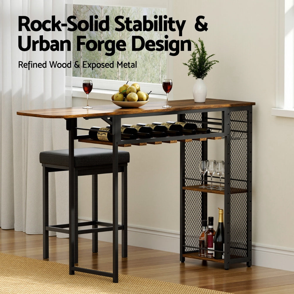 Bar Table with Wine Rack Built-in Cup Holder Extendable 140cm