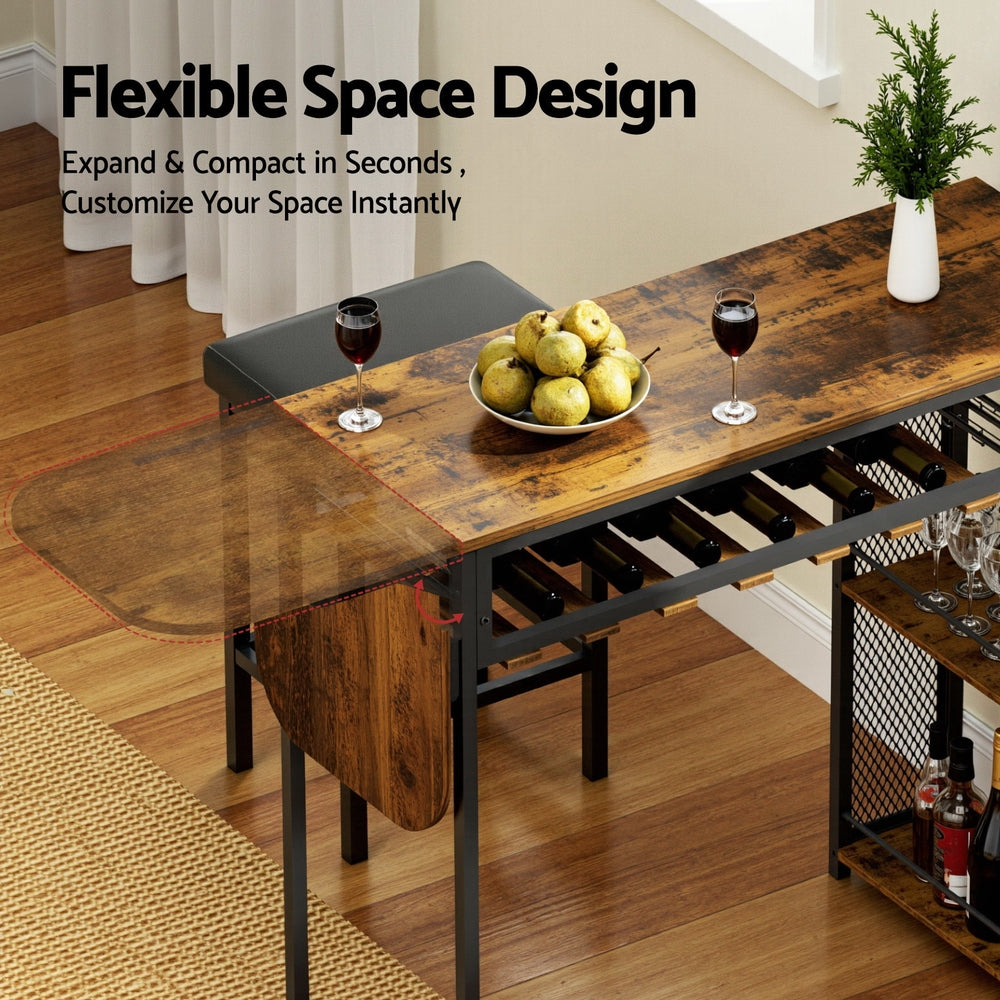 Bar Table with Wine Rack Built-in Cup Holder Extendable 140cm