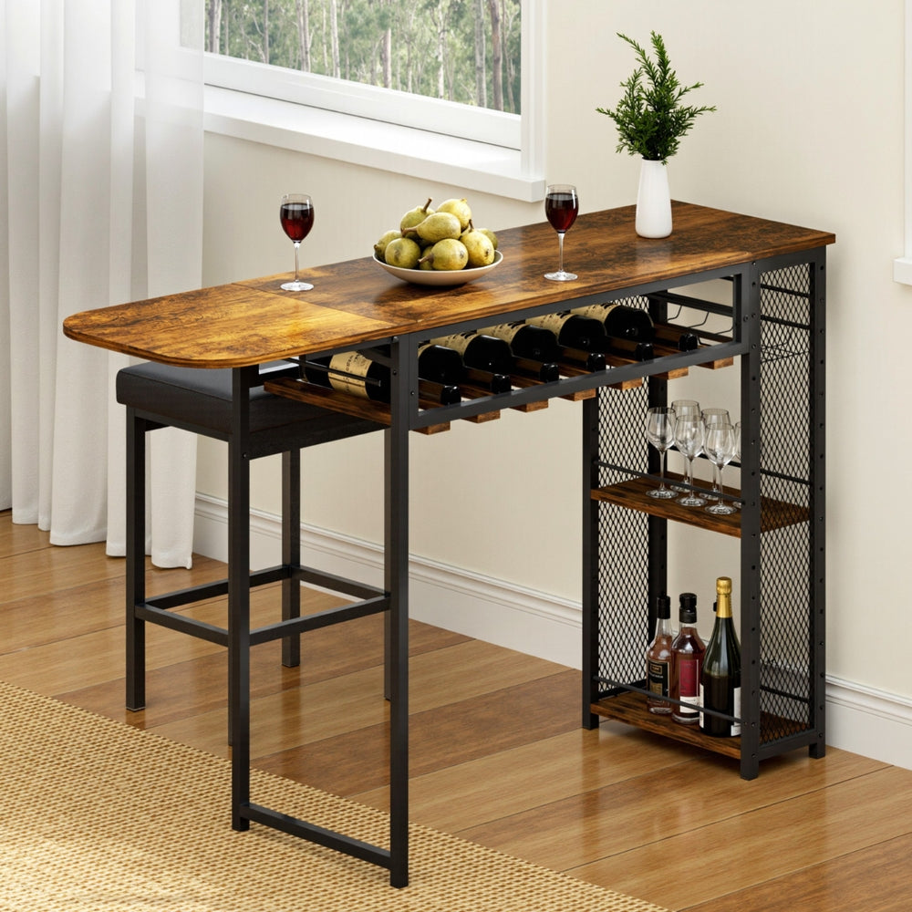 Bar Table with Wine Rack Built-in Cup Holder Extendable 140cm