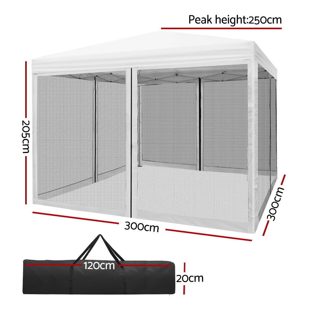 Gazebo Pop Up Marquee 3x3m  Shade Mesh Walls - White