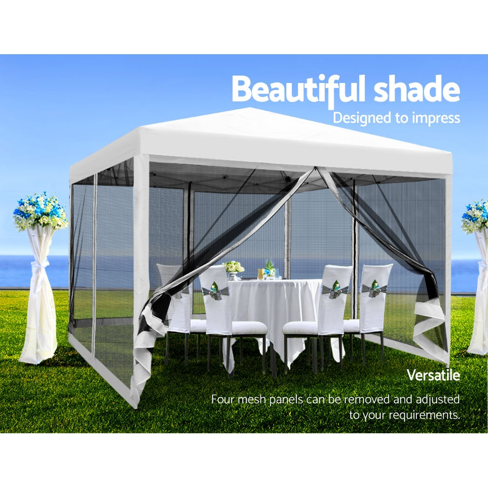 Gazebo Pop Up Marquee 3x3m  Shade Mesh Walls - White