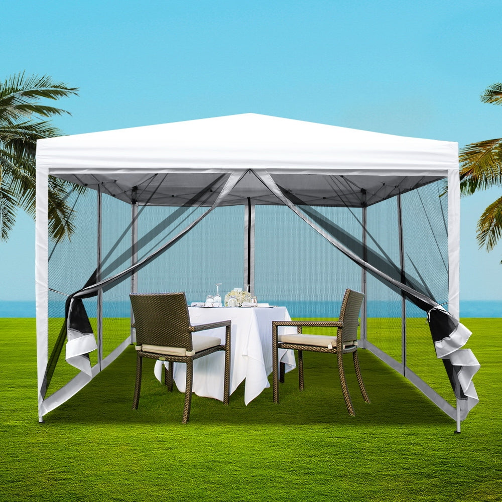 Gazebo Pop Up Marquee 3x3m  Shade Mesh Walls - White