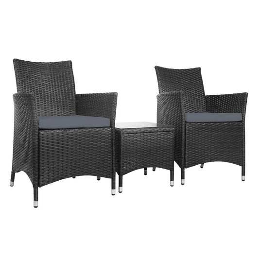 3PC Outdoor Bistro Set - Wicker Setting Black