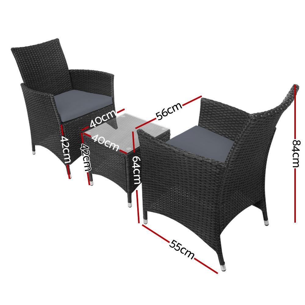 3PC Outdoor Bistro Set - Wicker Setting Black