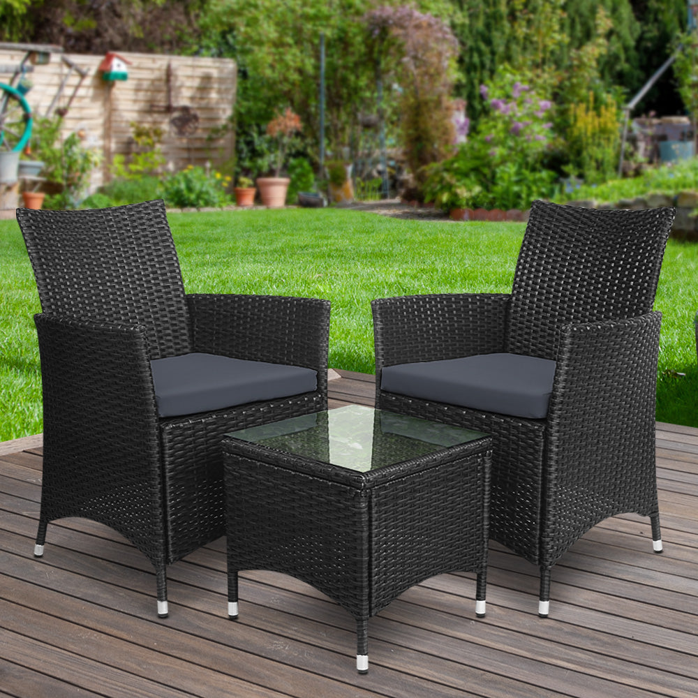 3PC Outdoor Bistro Set - Wicker Setting Black