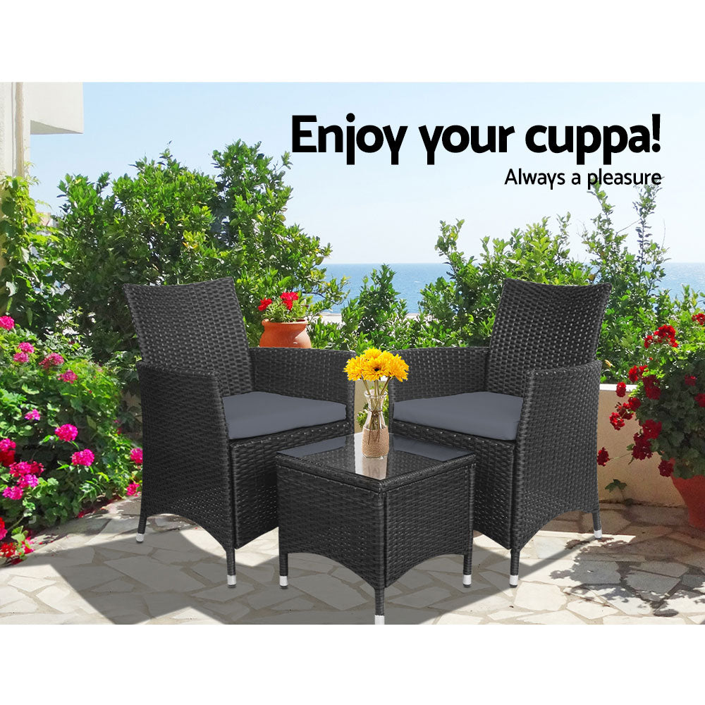 3PC Outdoor Bistro Set - Wicker Setting Black