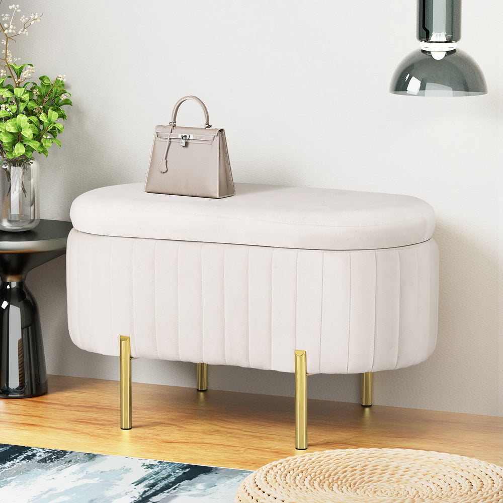 Ottoman Blanket Box 87cm Velvet Oval White