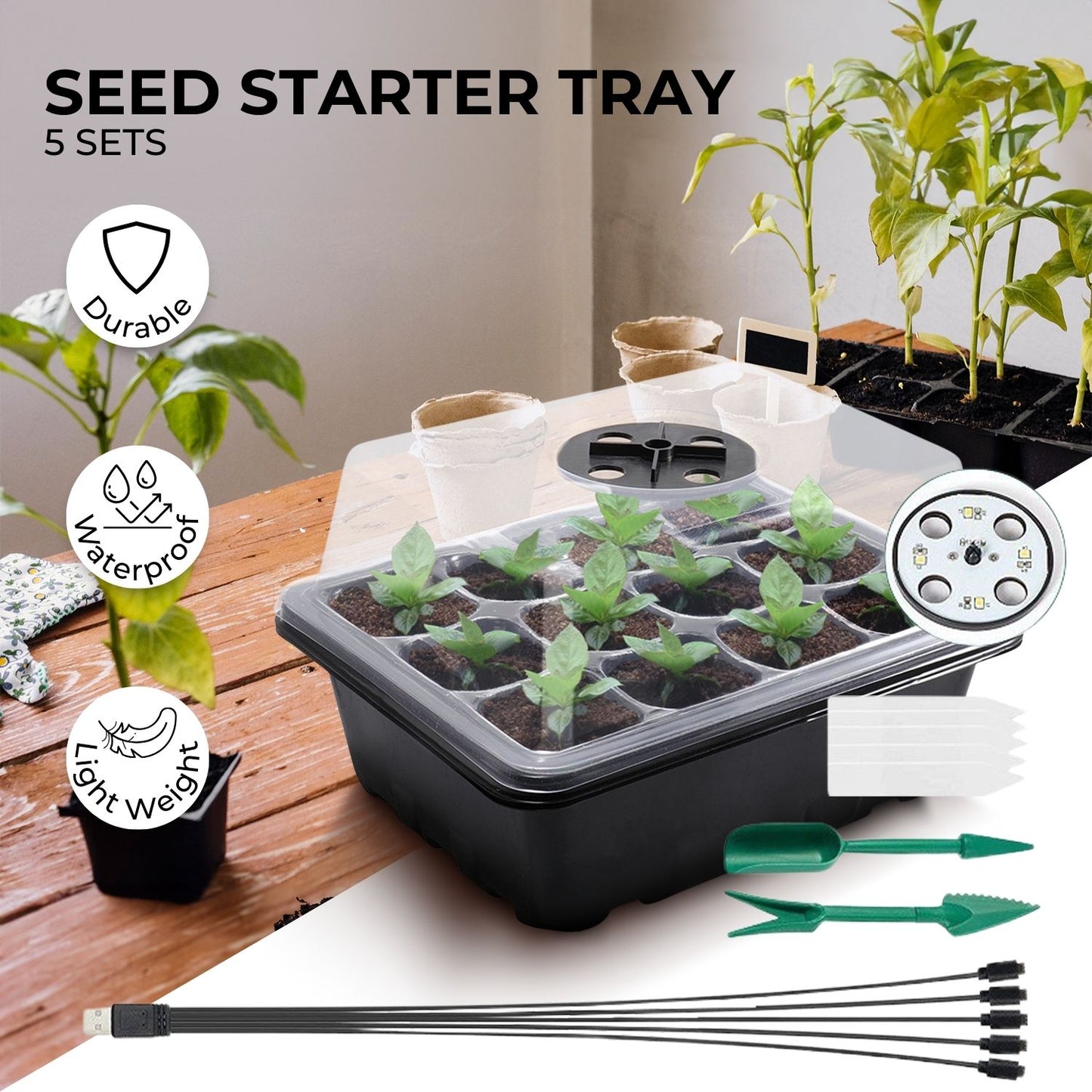 Seed Starter Tray with Grow Light (12 Cells per Tray)