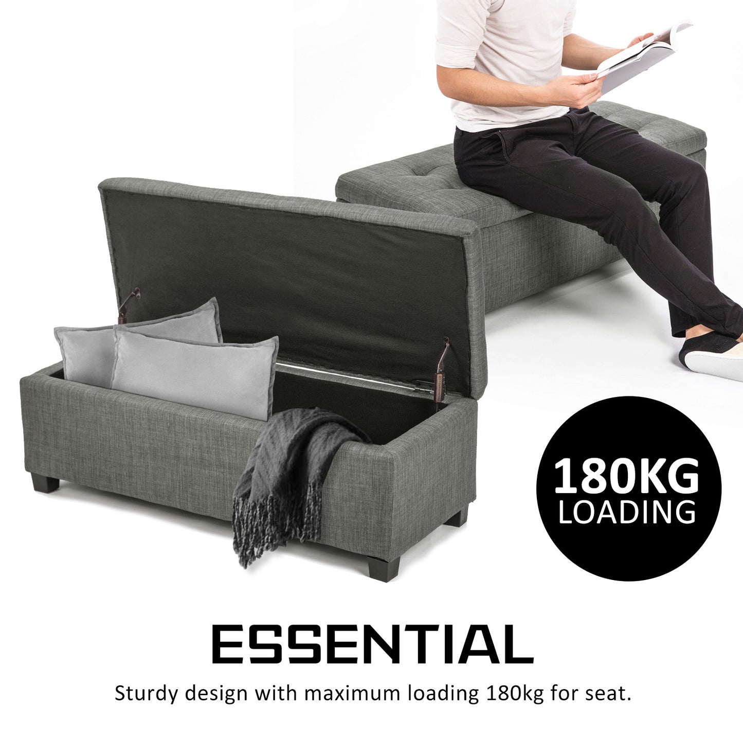 Ottoman Storage 102cm Fabric DARK GREY