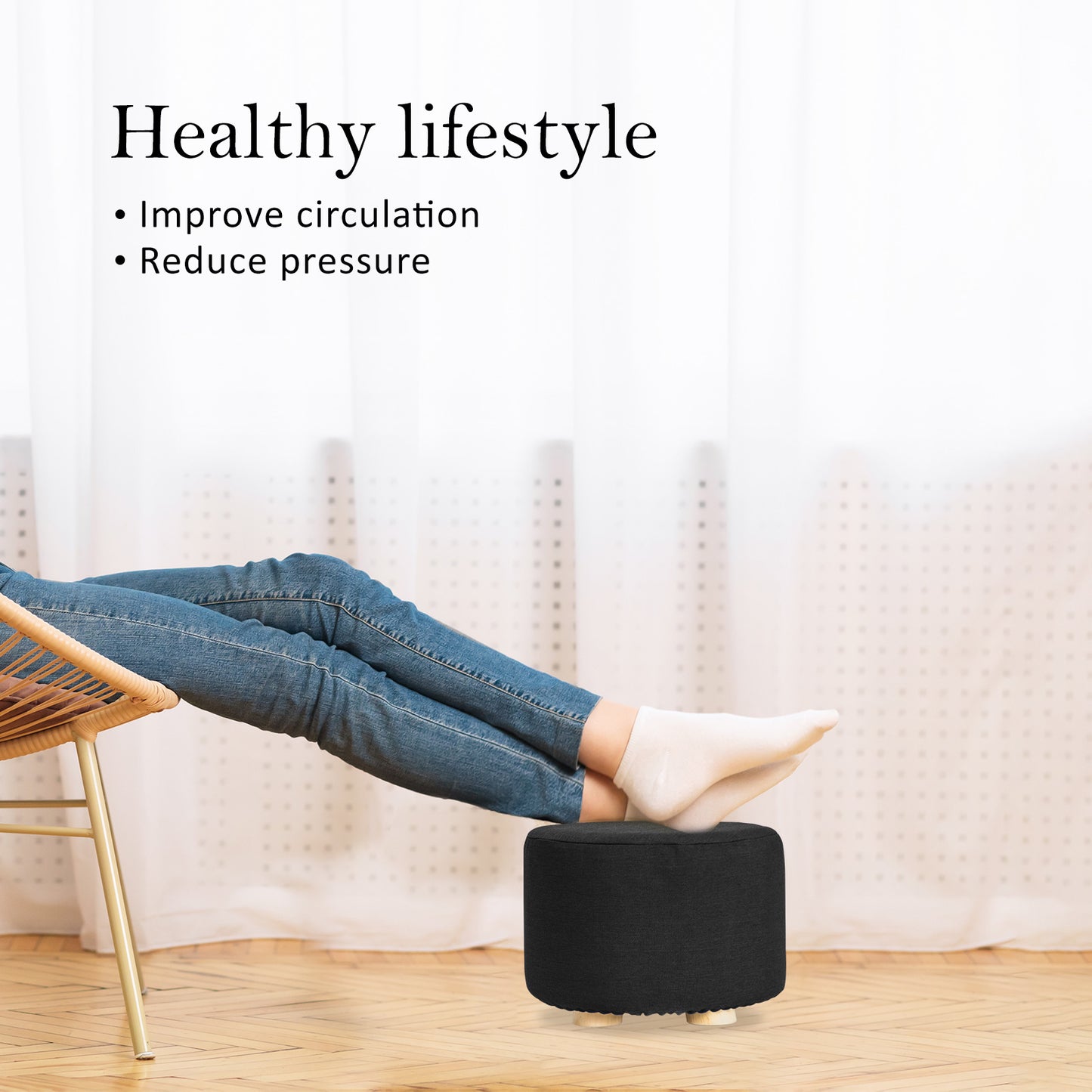 2X Fabric Foot Stools  Ottoman Round Wooden Leg Foot Stool - BLACK