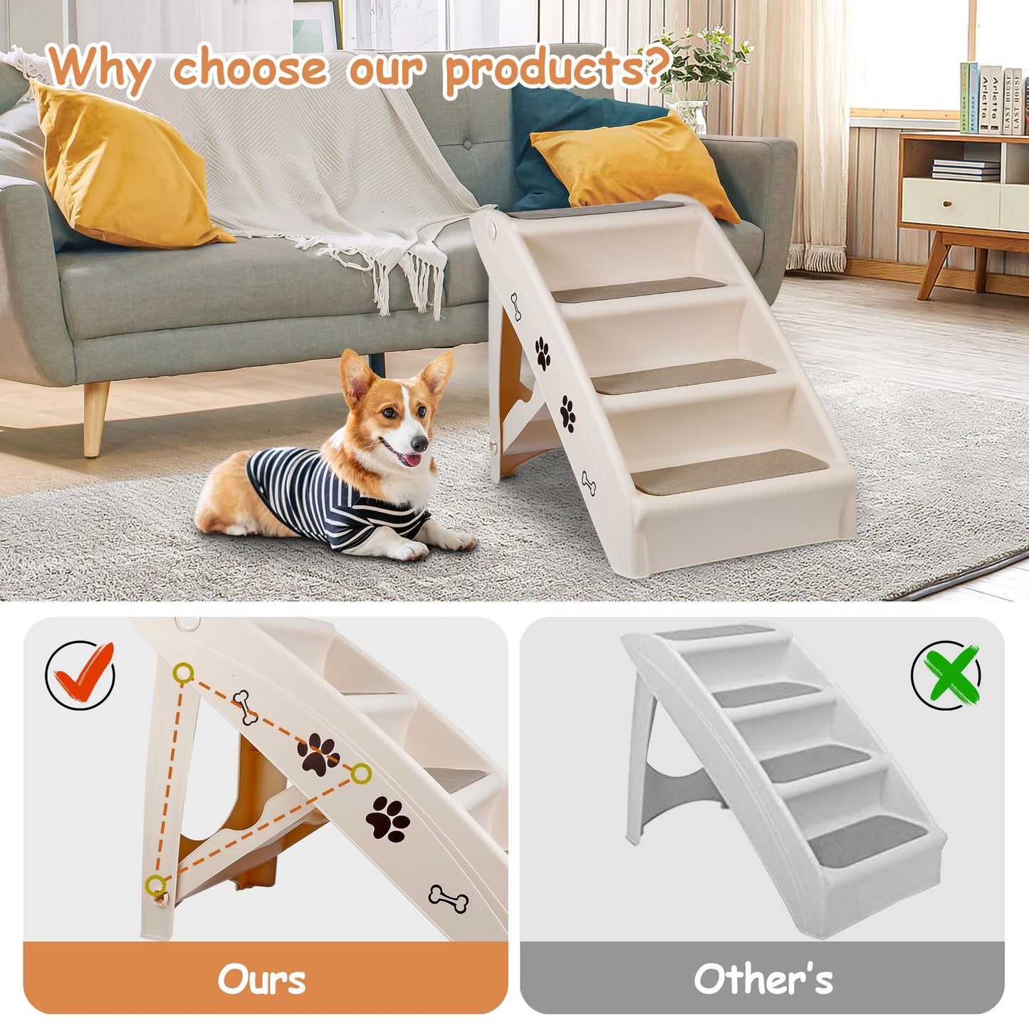 Dog Ramp Stairs Steps for Small Dogs with Non-Slip Pads - Grey